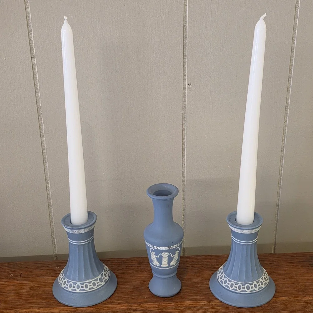 Enterprise Exclusive Blue Jasperware Style‎ Candle Holders & Avon Vase Set 3pc